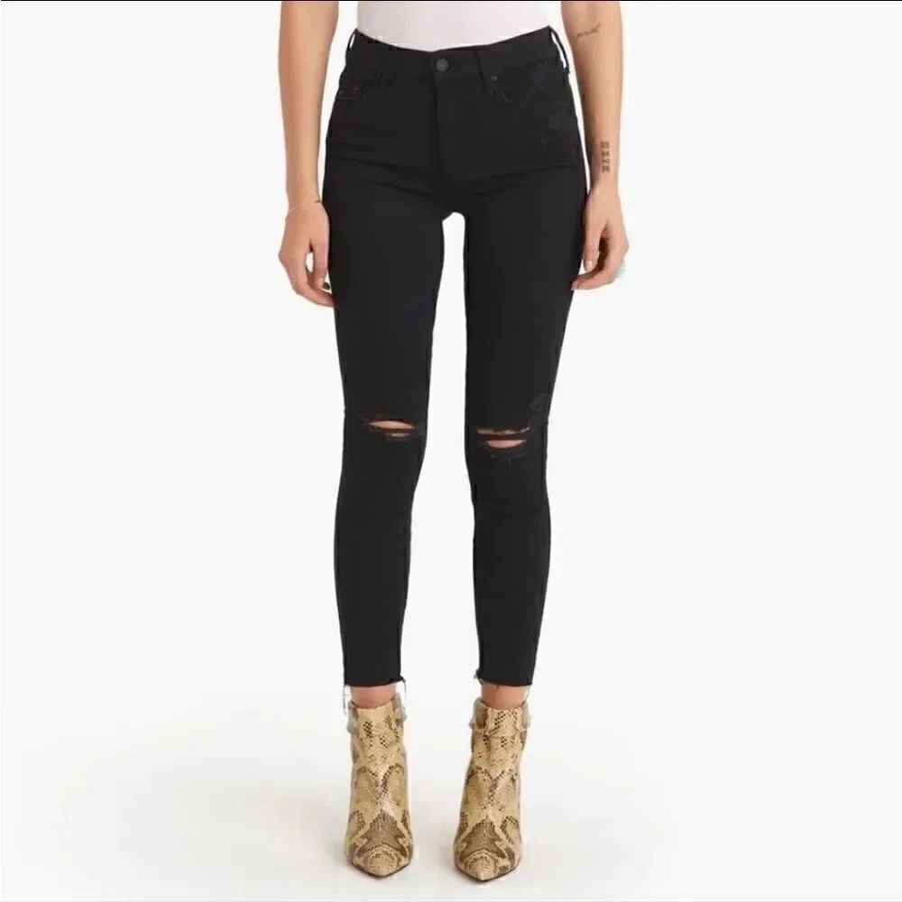 Mother The Looker Ankle Fray Distressed Jeans Raw Hem Guilty As Sin Wash